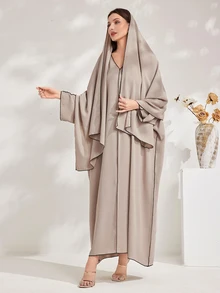 Al Najma Women's Solid Color V-Neck Batwing Sleeve Loose Straight Turkish With Long Sleeve Modest Kaftan Arabian Dress - Khaki - View 5