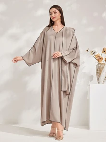 Al Najma Women's Solid Color V-Neck Batwing Sleeve Loose Straight Turkish With Long Sleeve Modest Kaftan Arabian Dress - Khaki - View 9