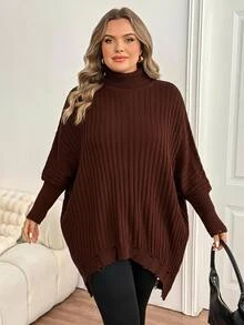 SHEIN CURVE+ Plus Size Women's Solid Color Casual Versatile Daily Wear Long Sleeve Sweater Winter - Coffee Brown - View 10