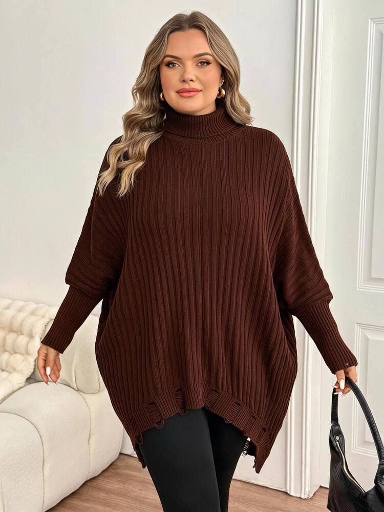 SHEIN CURVE+ كنزة شتوية طويلة الأكمام بلون موحد كاجوال متعددة الاستخدامات للارتداء اليومي للنساء ذوات المقاسات الكبيرة - قهوة بني - مشاهدة 10