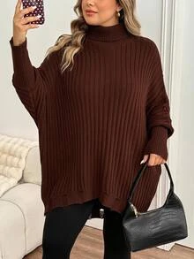 SHEIN CURVE+ Plus Size Women's Solid Color Casual Versatile Daily Wear Long Sleeve Sweater Winter - Coffee Brown - View 11