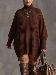 SHEIN CURVE+ Plus Size Women's Solid Color Casual Versatile Daily Wear Long Sleeve Sweater Winter - Coffee Brown - View 2