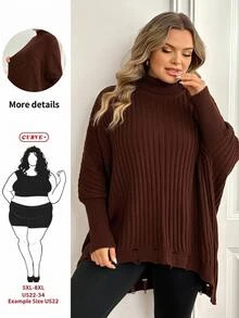 SHEIN CURVE+ Plus Size Women's Solid Color Casual Versatile Daily Wear Long Sleeve Sweater Winter - Coffee Brown - View 8