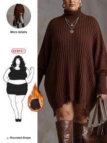 SHEIN CURVE+ Plus Size Women's Solid Color Casual Versatile Daily Wear Long Sleeve Sweater Winter - Coffee Brown - View 1