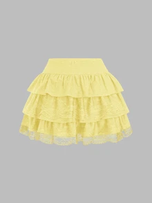 Sweetra Black Jacquard Textured Fabric Lace Trim Slim Y2K Multilayer A-Line Puff Cake Skirt Mini Skirt - Pale Yellow - View 2