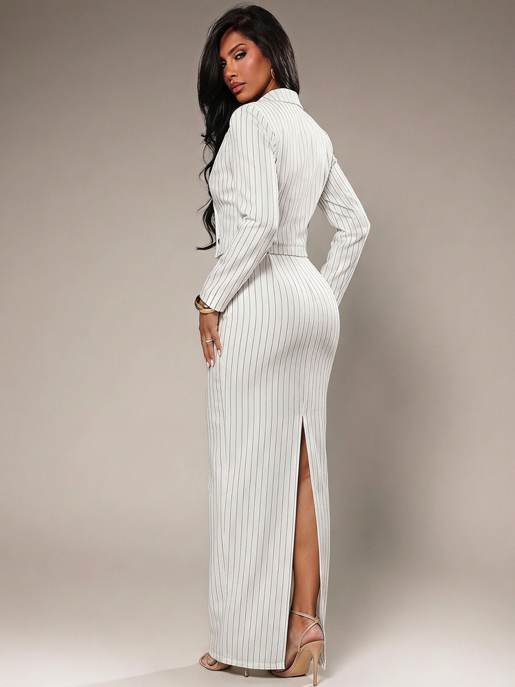 Radiana Plus Size Women's Striped Long Sleeve Top And Slit Design Skirt Casual Suit Set - White - View 3