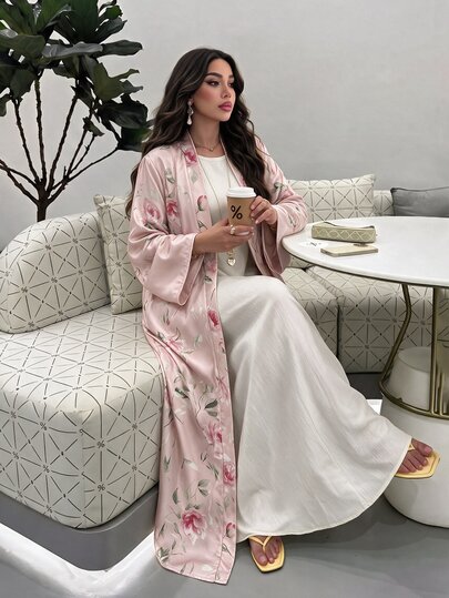 Al Najma Abaya Wanita Elegan Motif Bunga Merah Muda untuk Perjalanan Sehari-hari