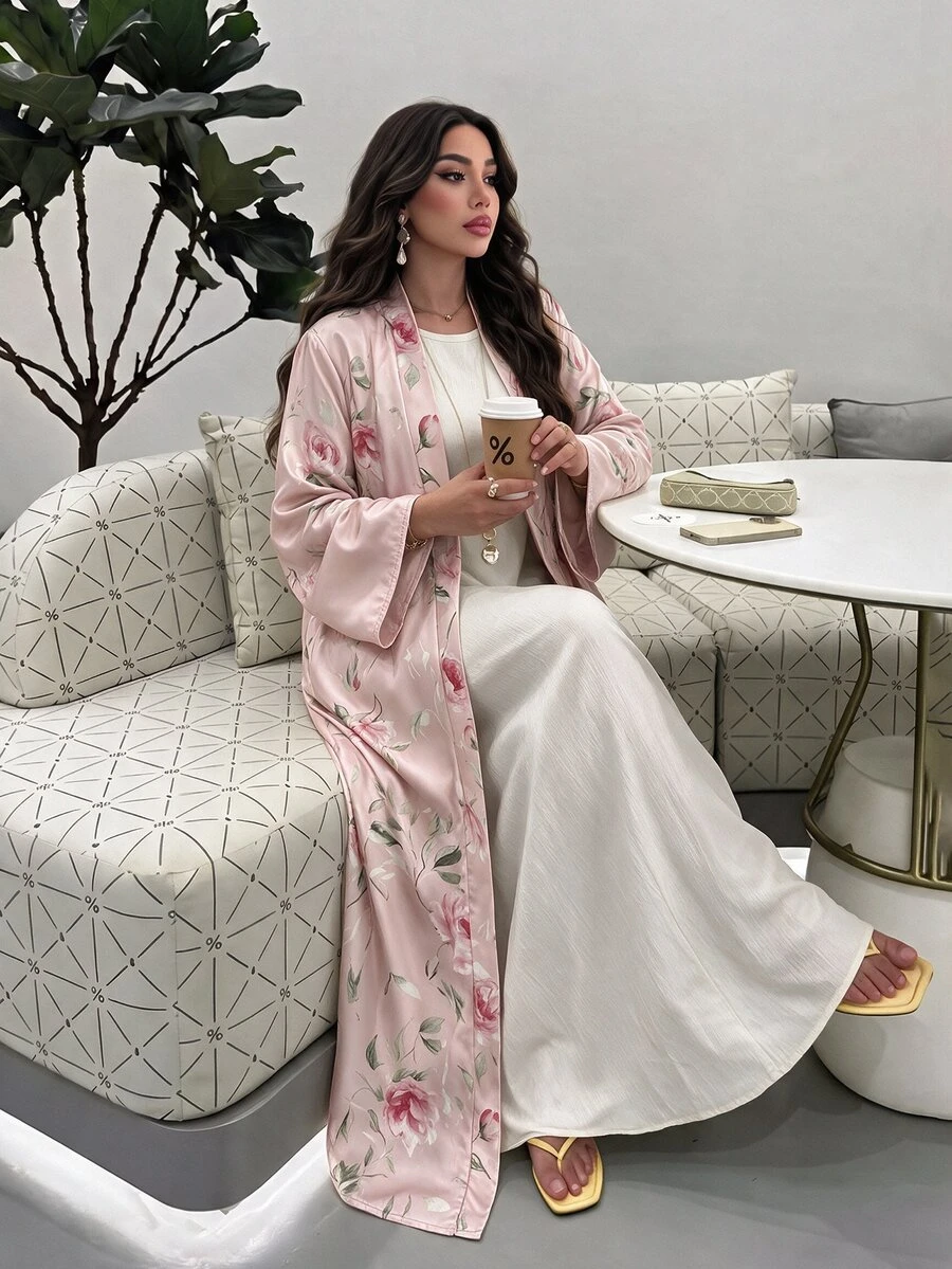 Al Najma 粉色花卉印花優雅端莊女款長袍，適合日常通勤、洗禮賓客、Ninang、婚禮、秋季