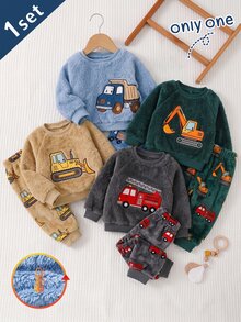 SHEIN 2pcs Autumn/Winter Thermal Lined Thick Double-Sided Plush Baby Boy Set, Blue Cartoon Fun Truck Car Embroidery Simple Casual Raglan Long Sleeve Top With Cute Truck Print Pants, 2 Pieces Loungewear - Blue - View 1