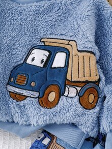 SHEIN 2pcs Autumn/Winter Thermal Lined Thick Double-Sided Plush Baby Boy Set, Blue Cartoon Fun Truck Car Embroidery Simple Casual Raglan Long Sleeve Top With Cute Truck Print Pants, 2 Pieces Loungewear - Blue - View 3