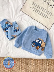 SHEIN 2pcs Autumn/Winter Thermal Lined Thick Double-Sided Plush Baby Boy Set, Blue Cartoon Fun Truck Car Embroidery Simple Casual Raglan Long Sleeve Top With Cute Truck Print Pants, 2 Pieces Loungewear - Blue - View 5