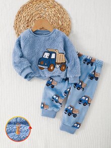 SHEIN 2pcs Autumn/Winter Thermal Lined Thick Double-Sided Plush Baby Boy Set, Blue Cartoon Fun Truck Car Embroidery Simple Casual Raglan Long Sleeve Top With Cute Truck Print Pants, 2 Pieces Loungewear - Blue - View 4