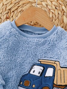 SHEIN 2pcs Autumn/Winter Thermal Lined Thick Double-Sided Plush Baby Boy Set, Blue Cartoon Fun Truck Car Embroidery Simple Casual Raglan Long Sleeve Top With Cute Truck Print Pants, 2 Pieces Loungewear - Blue - View 7