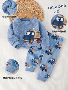 SHEIN 2pcs Autumn/Winter Thermal Lined Thick Double-Sided Plush Baby Boy Set, Blue Cartoon Fun Truck Car Embroidery Simple Casual Raglan Long Sleeve Top With Cute Truck Print Pants, 2 Pieces Loungewear - Blue - View 10