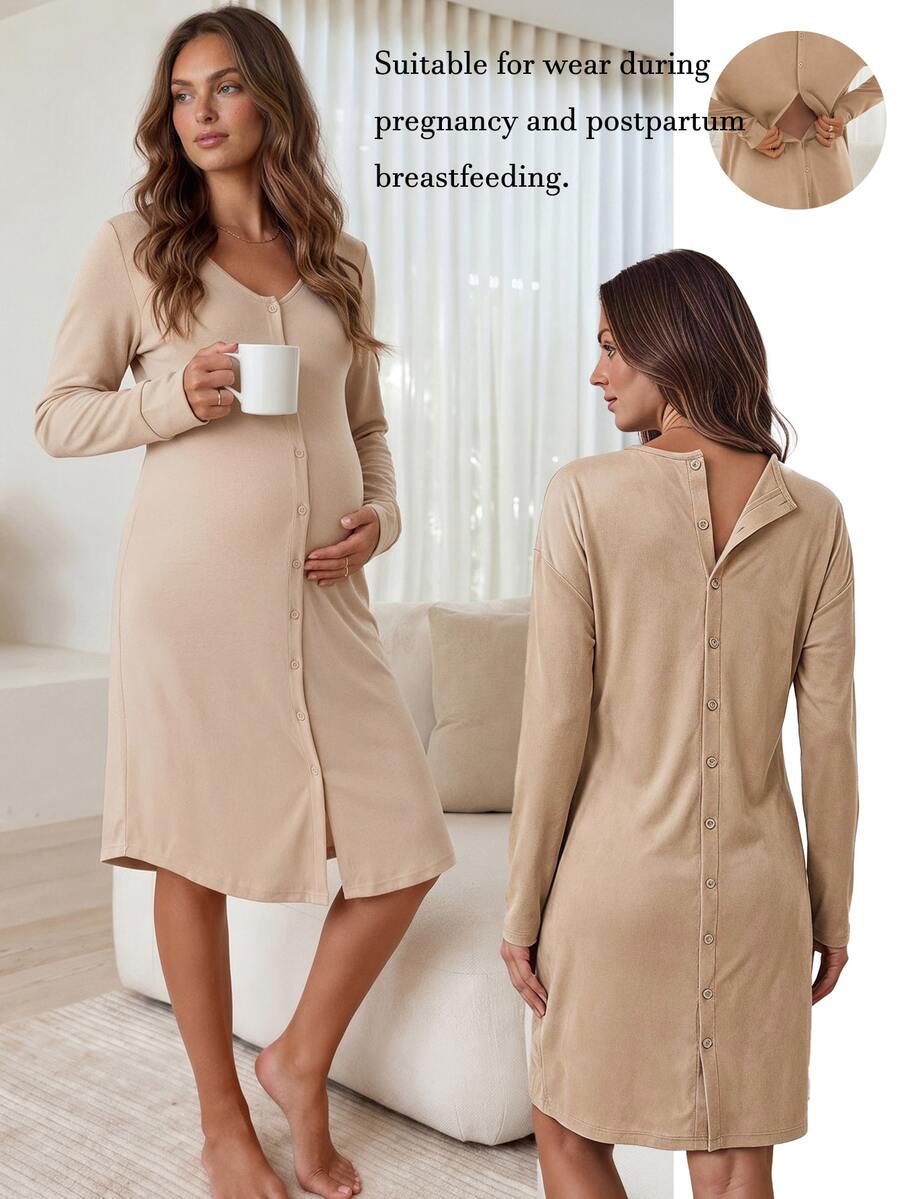 SHEIN Maternity Solid Color Nursing Dress Night Labour Fall Loose Fit - Khaki - View 1
