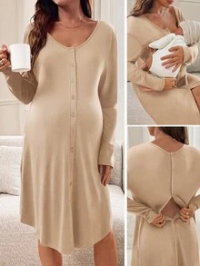SHEIN Maternity Solid Color Nursing Dress Night Labour Fall Loose Fit - Khaki - View 2