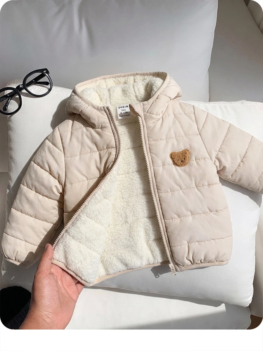 SHEIN 女嬰可愛休閒秋冬百搭杏色卡通熊圖案連帽加厚外套 男童 - 米色 - 查看 1