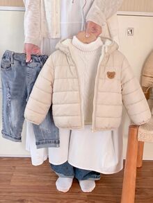 SHEIN 女嬰可愛休閒秋冬百搭杏色卡通熊圖案連帽加厚外套 男童 - 米色 - 查看 5