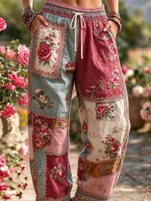 LanaWest CURVE Bohemian Color-Block Floral Print Pants, Elastic Waist Drawstring Loose Wide-Leg Pants - Multicolor - View 3