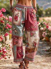 LanaWest CURVE Bohemian Color-Block Floral Print Pants, Elastic Waist Drawstring Loose Wide-Leg Pants - Multicolor - View 1