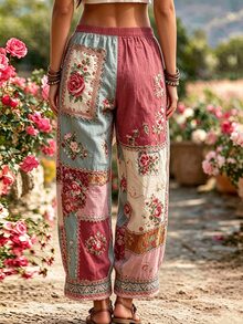 LanaWest CURVE Bohemian Color-Block Floral Print Pants, Elastic Waist Drawstring Loose Wide-Leg Pants - Multicolor - View 2