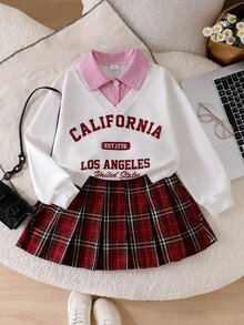 SHEIN 青少年女孩秋季套裝 2件組 粉色 2合1領口上衣 條紋格紋 A字迷你裙套裝 校園度假運動風 80年代 - 紅白色 - 查看 7