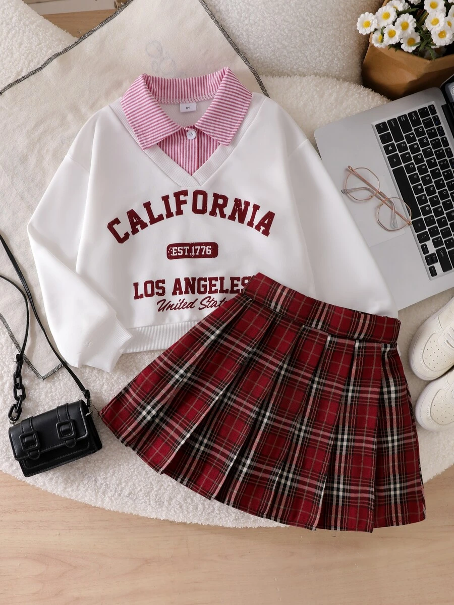 SHEIN 青少年女孩秋季套裝 2件組 粉色 2合1領口上衣 條紋格紋 A字迷你裙套裝 校園度假運動風 80年代 - 紅白色 - 查看 1