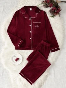 SHEIN 女童甜美風酒紅色韓版天鵝絨口袋愛心刺繡長袖開襟衫套裝 - 紅色 - 查看 6