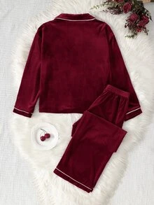 SHEIN 女童甜美風酒紅色韓版天鵝絨口袋愛心刺繡長袖開襟衫套裝 - 紅色 - 查看 5