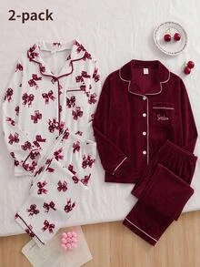 SHEIN 女童甜美風酒紅色韓版天鵝絨口袋愛心刺繡長袖開襟衫套裝 - 紅色 - 查看 1