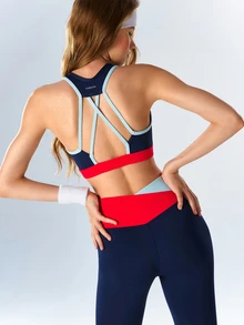 VARSIVA Women's Navy Blue Colorblock Tank Top And Criss-Cross Waist Fitted Leggings Sports Set Gym Workout Fall Sporty Athleisure Athletic - Multicolor - View 9