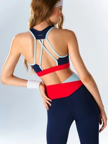 VARSIVA Women's Navy Blue Colorblock Tank Top And Criss-Cross Waist Fitted Leggings Sports Set Gym Workout Fall Sporty Athleisure Athletic - Multicolor - View 6