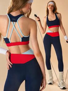 VARSIVA Women's Navy Blue Colorblock Tank Top And Criss-Cross Waist Fitted Leggings Sports Set Gym Workout Fall Sporty Athleisure Athletic - Multicolor - View 2