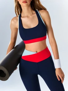 VARSIVA Women's Navy Blue Colorblock Tank Top And Criss-Cross Waist Fitted Leggings Sports Set Gym Workout Fall Sporty Athleisure Athletic - Multicolor - View 8