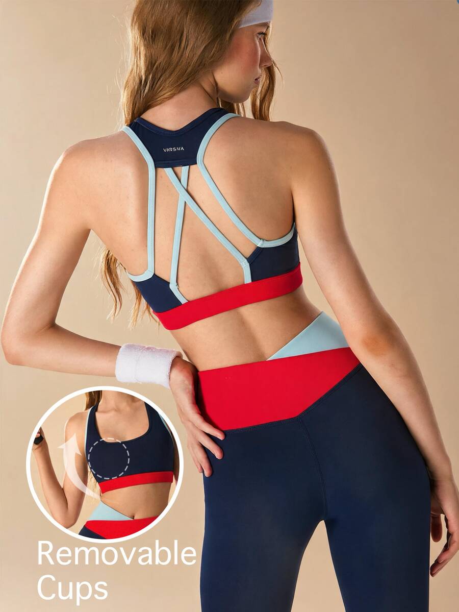 VARSIVA Women's Navy Blue Colorblock Tank Top And Criss-Cross Waist Fitted Leggings Sports Set Gym Workout Fall Sporty Athleisure Athletic - Multicolor - View 1