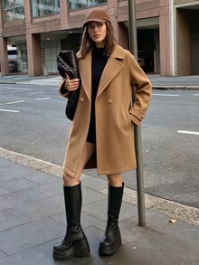 Islaluna 2026 Fall/ Camel Double-Breasted Overcoat For Women, Thick Soft Wool Long Over-The-Knee Blazer Lapel Coat, Metal Gold Buttons Elegant Office - Camel - View 3