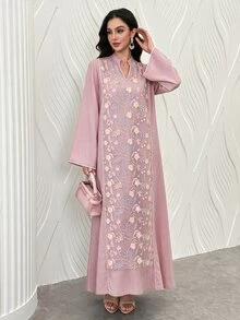 Al Najma 刺绣、提花和串珠奢华喇叭形土耳其和阿拉伯传统女士长裙、卡夫坦和贾拉比亚，端庄 - 粉色 - 查看 1