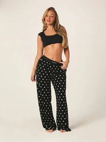 MISSGUIDED Polka Dot Wide Leg Lounge Pants With Branded Elastic Waistband And Button Detail For Relaxed Everyday Comfort - Black and White - View 2