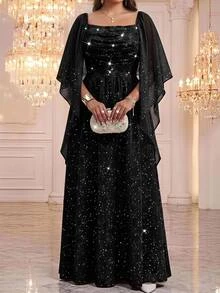 Reflora Plus Size Autumn/Winter Sequin Glitter Party Dress Chic Unique Sequin Skirt Fall - Black - View 7