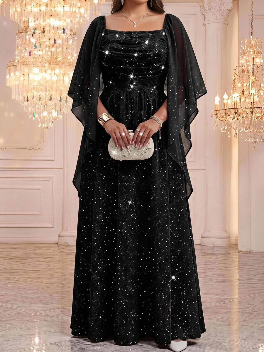 Reflora Plus Size Autumn/Winter Sequin Glitter Party Dress Chic Unique Sequin Skirt Fall - Black - View 1