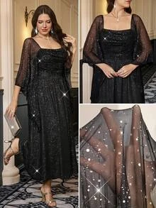 Reflora Plus Size Autumn/Winter Sequin Glitter Party Dress Chic Unique Sequin Skirt Fall - Black - View 1