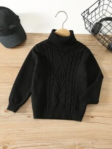 SHEIN Young Boy Turtleneck Cable Knit Sweater White Turtle Neck Boys Turtleneck Sweater Turtle Neck Kids Autumn,Y2k,Holiday,Birthday Boy,Kids Wedding Guest - White - View 3