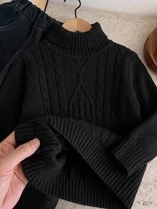 SHEIN Young Boy Turtleneck Cable Knit Sweater White Turtle Neck Boys Turtleneck Sweater Turtle Neck Kids Autumn,Y2k,Holiday,Birthday Boy,Kids Wedding Guest - White - View 5