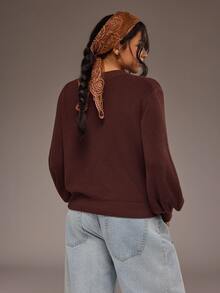 Freevana Plus Size Women's Casual Solid Color Round Neck Knitted Sweater Autumn Clothes Office White Winter - Brown - View 2
