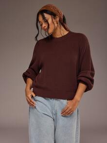 Freevana Plus Size Women's Casual Solid Color Round Neck Knitted Sweater Autumn Clothes Office White Winter - Brown - View 4
