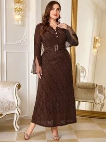 Reflora Plus Size Lace French Style Faux Pearl Button Party Dinner Formal Wedding Date Night Evening Dress Brown Fall Elegant Romantic - Brown - View 5