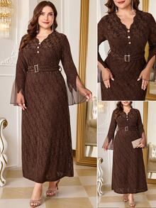 Reflora Plus Size Lace French Style Faux Pearl Button Party Dinner Formal Wedding Date Night Evening Dress Brown Fall Elegant Romantic - Brown - View 2