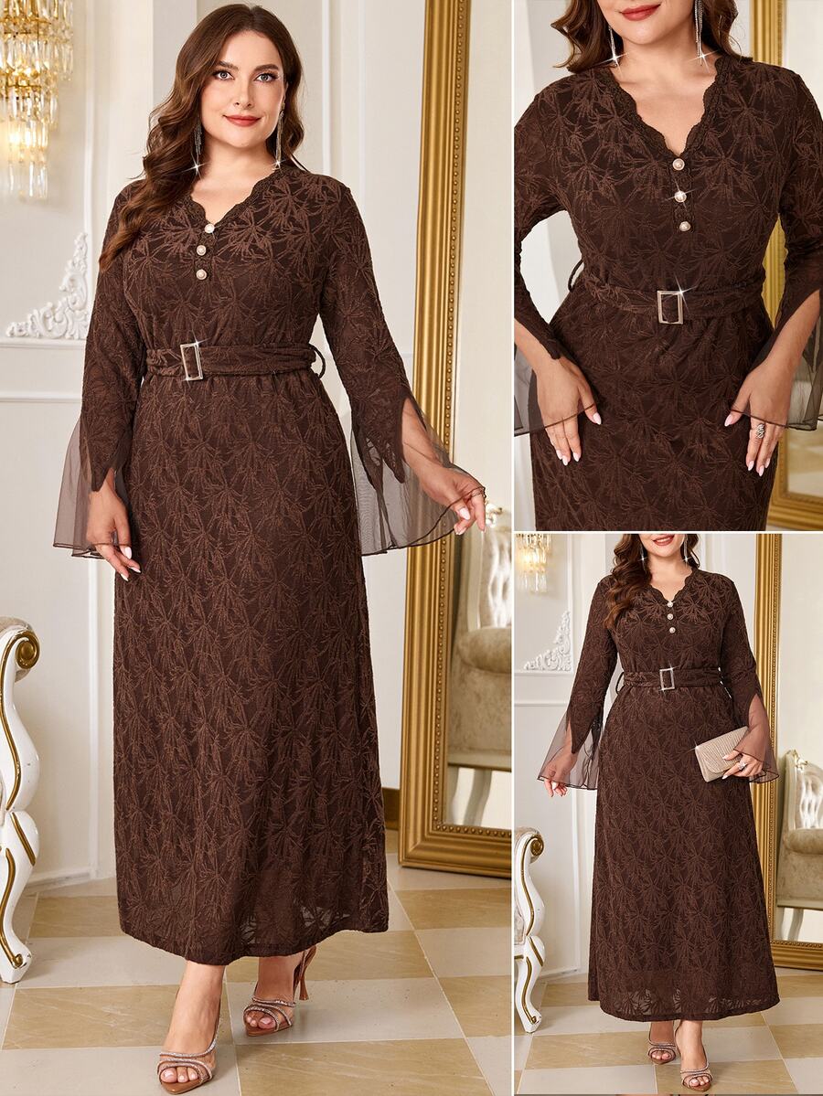 Reflora Plus Size Lace French Style Faux Pearl Button Party Dinner Formal Wedding Date Night Evening Dress Brown Fall Elegant Romantic