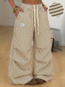 Coolane Women's Plus Size Summer Fall Going Out Gym Holiday Casual Streetwear Mid Rise Wide Leg Elastic Waistband Khaki Striped Pants Halloween - Brown - View 3