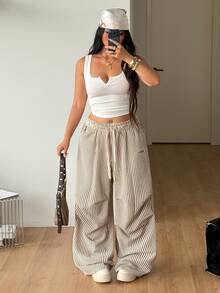 Coolane Women's Plus Size Summer Fall Going Out Gym Holiday Casual Streetwear Mid Rise Wide Leg Elastic Waistband Khaki Striped Pants Halloween - Brown - View 2